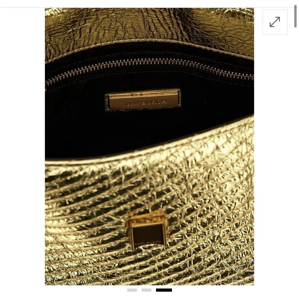 Tory Burch Kira Metallic Moto Quilt Small Convertible Shoulder Bag Gold New
